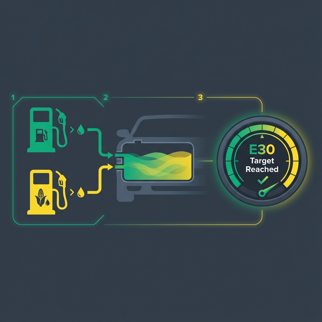 3-step infographic showing how to mix E85 and gasoline to reach target ethanol blend